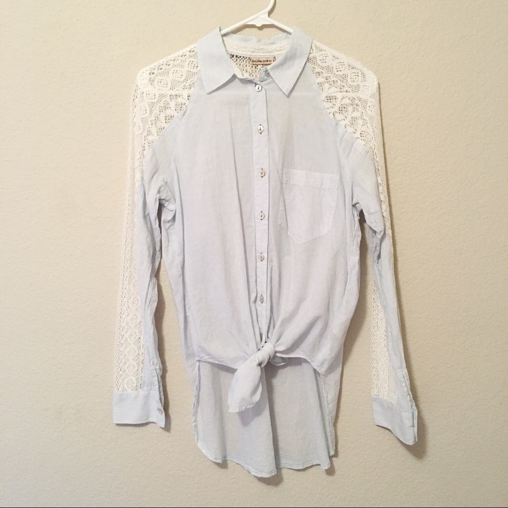 Crochet lace blue striped button down